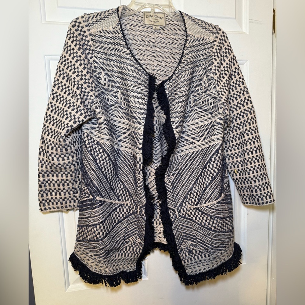 Lucky Brand Women's XL Open Front Aztec Navy Fringe Cardigan Sweater BOHO Pocket